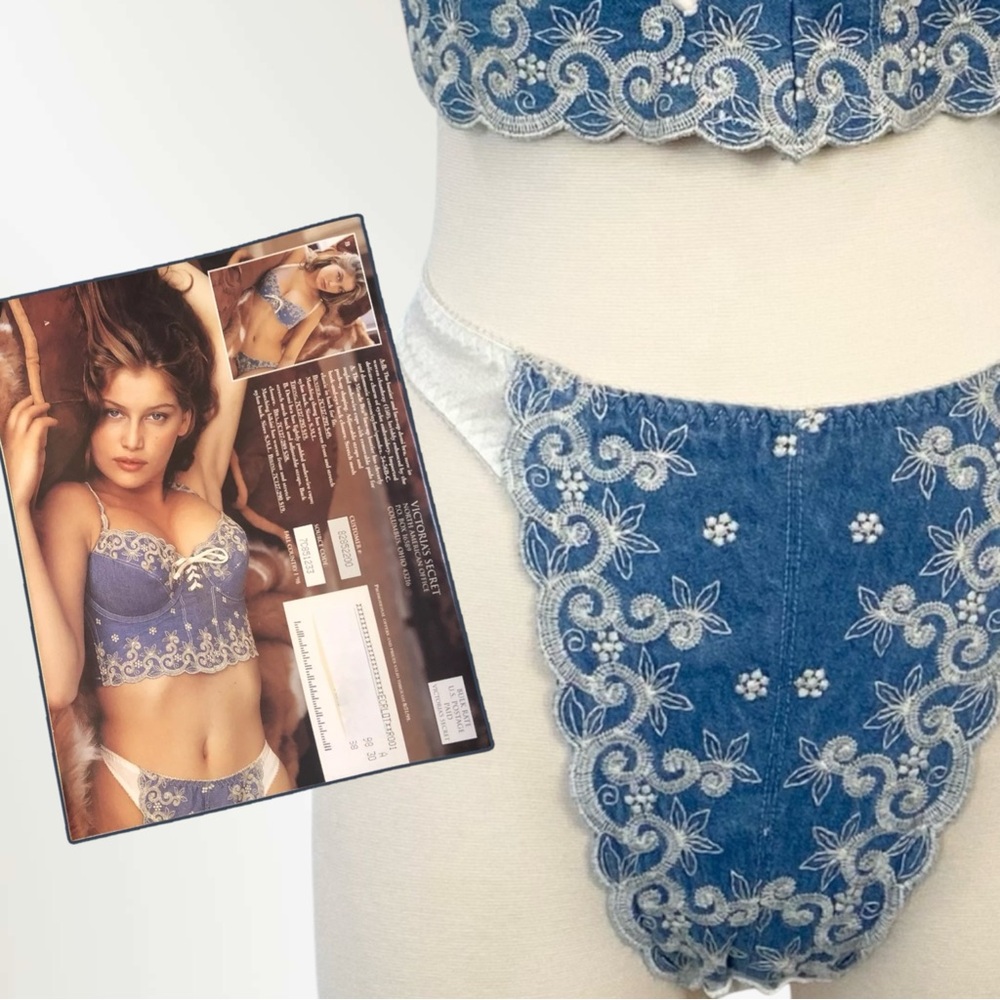 1998 Victoria’s Secret RARE Denim Thong Blue Jean Vintage Embroidered Panty